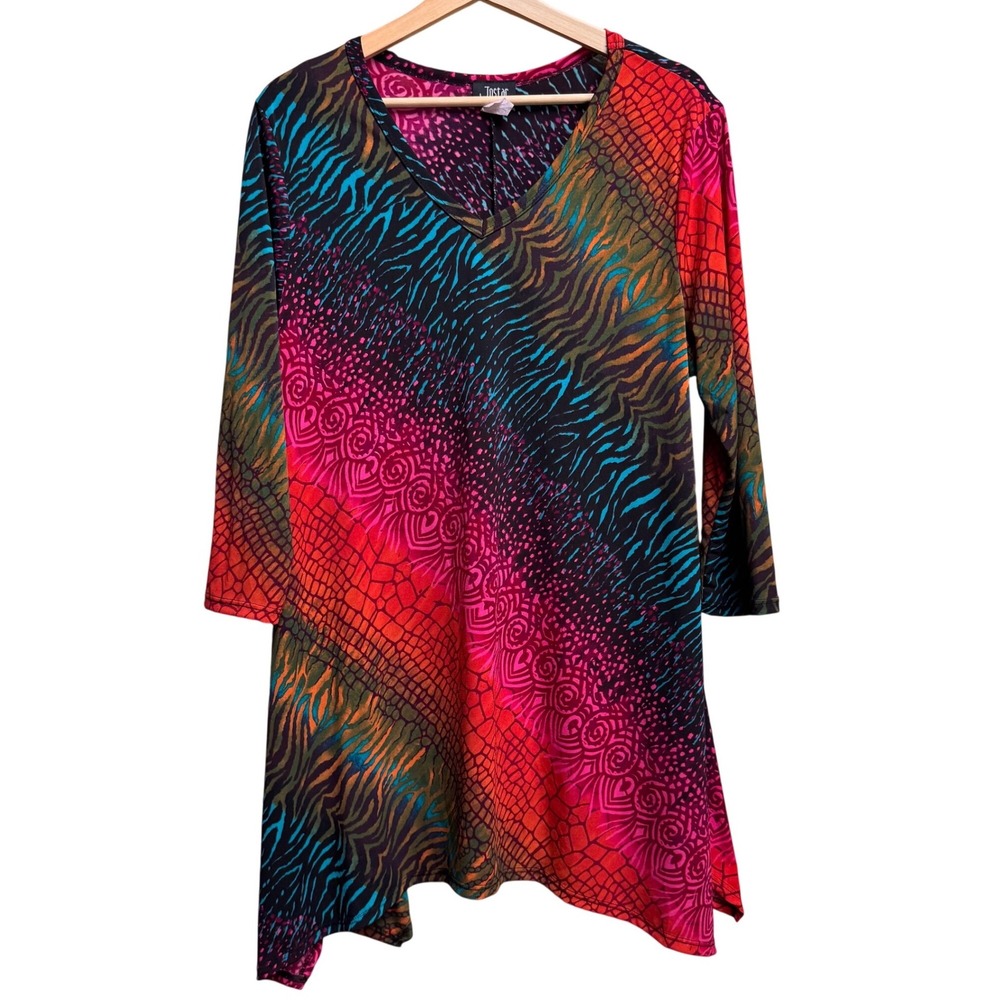 VTG Jostar Tunic Top M Animal Print Asymmetrical Abstract Tribal Moody‎ Funky
